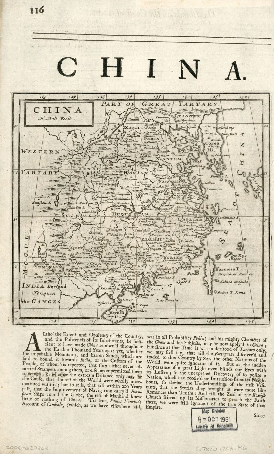 A tall engraved map of China published by Herman Moll in 1723, with coastlines, provinces, rivers, and surrounding regions labelled.